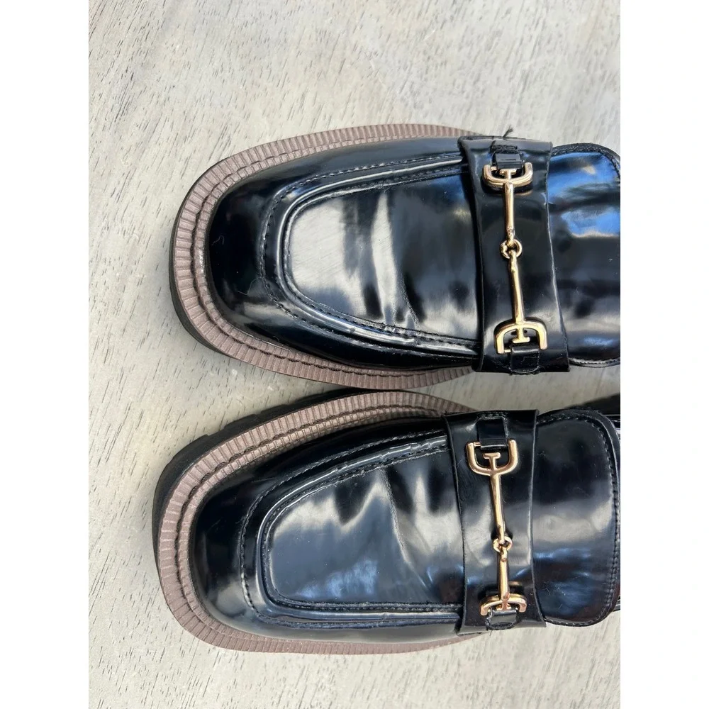 Sam Edelman Black Patent Horsebit Lug Sole Loafers Womens 8 Chunky Platform